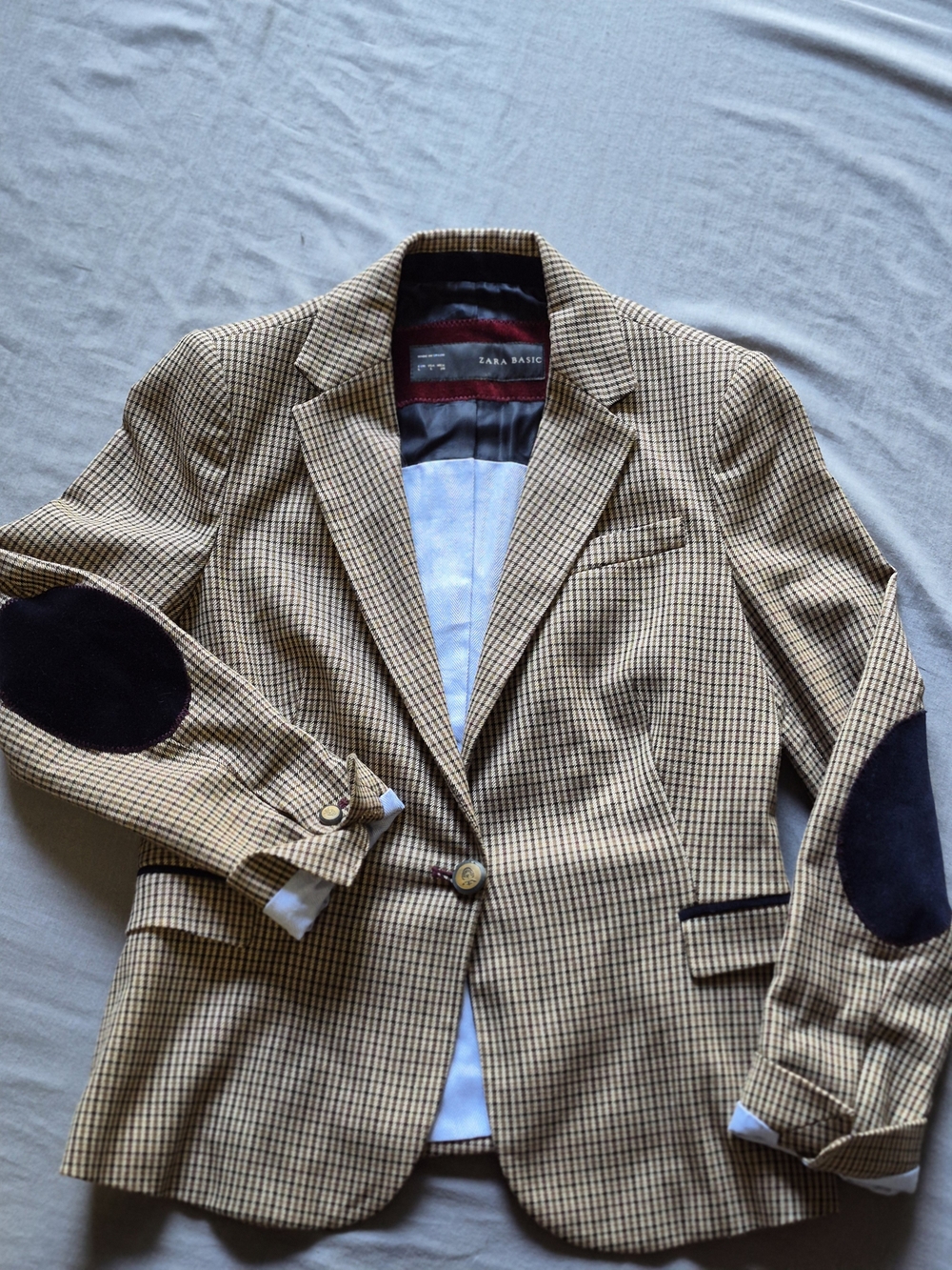 Zara Women Tan & Navy Houndstooth Blazer with Elbow Patches